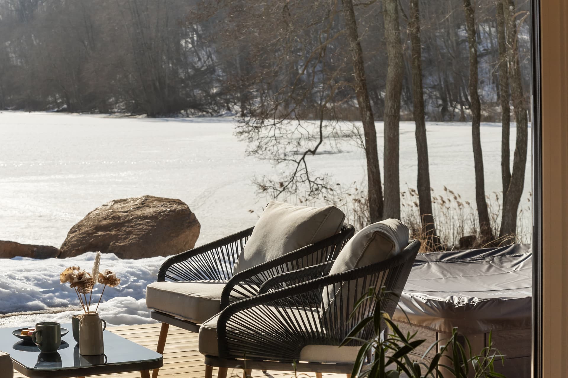Terrace with frozen-lake view