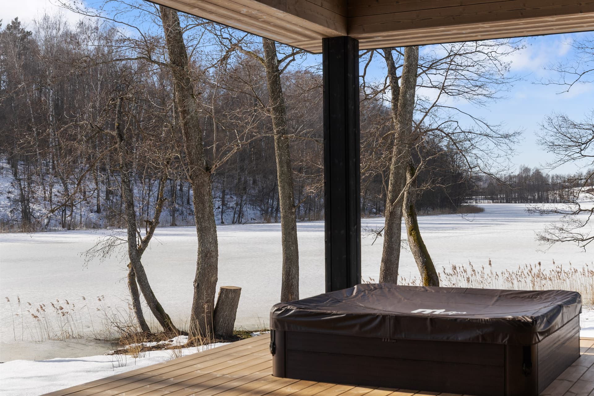 Hot tub with frozen lake view
