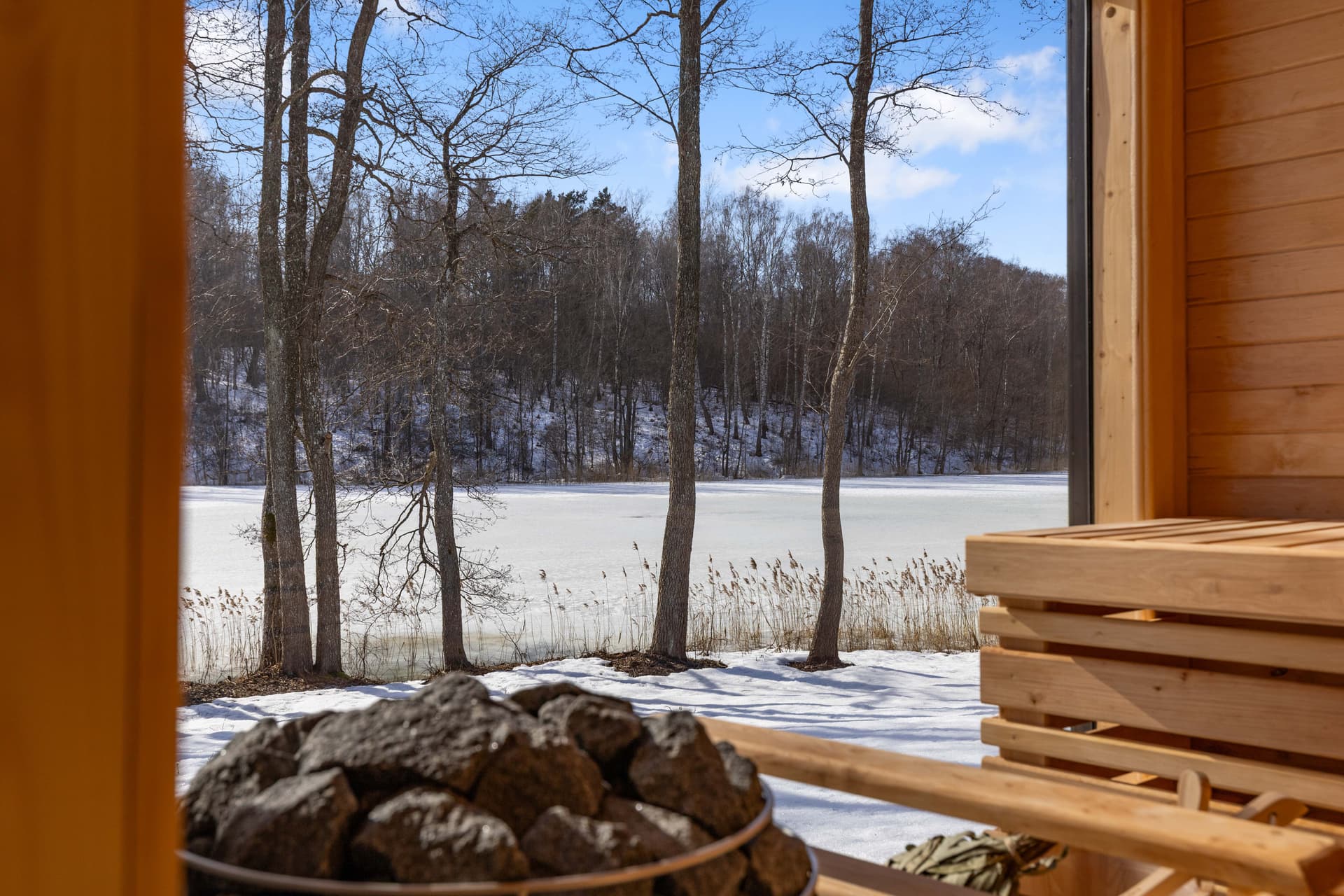 Sauna stones with lake view